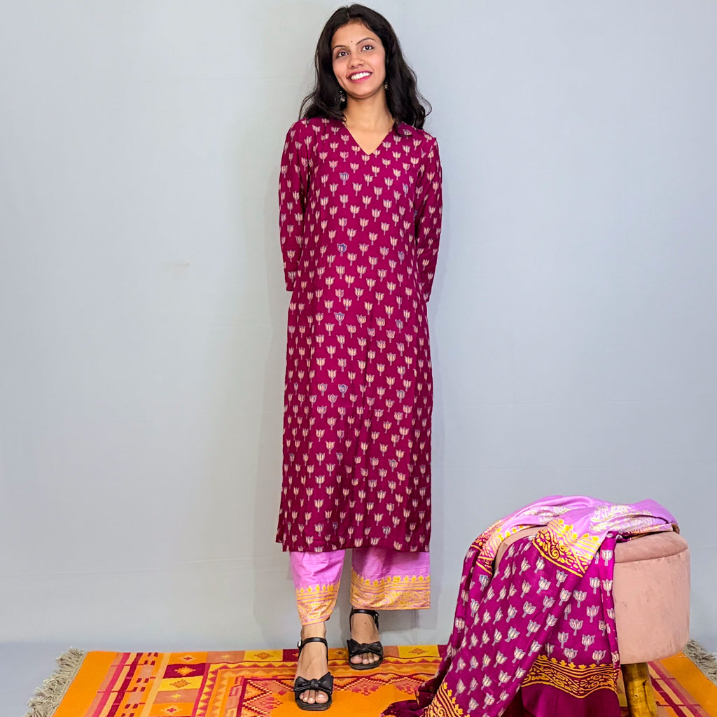 Maroon Silk printed kurta pant and dupatta set