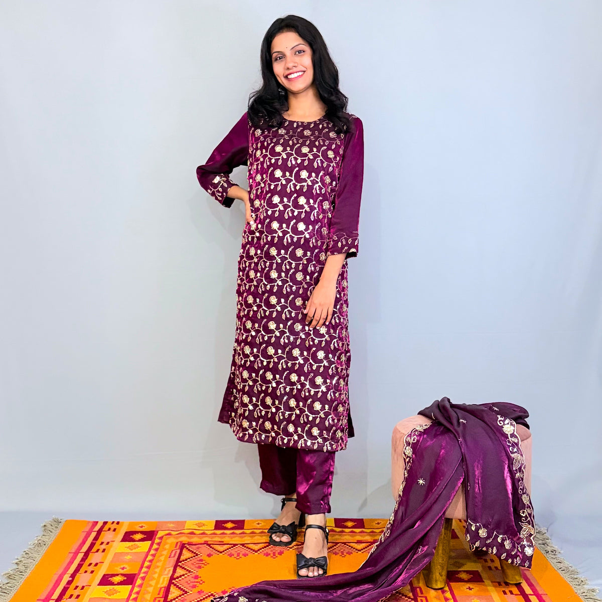 Purple Silk Sequins work kurta, pant & dupatta set