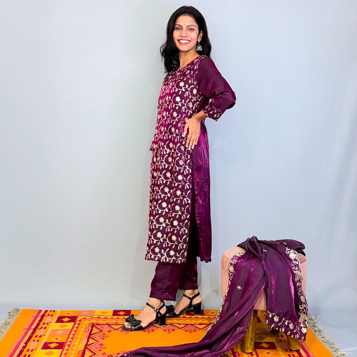 Purple Silk Sequins work kurta, pant & dupatta set