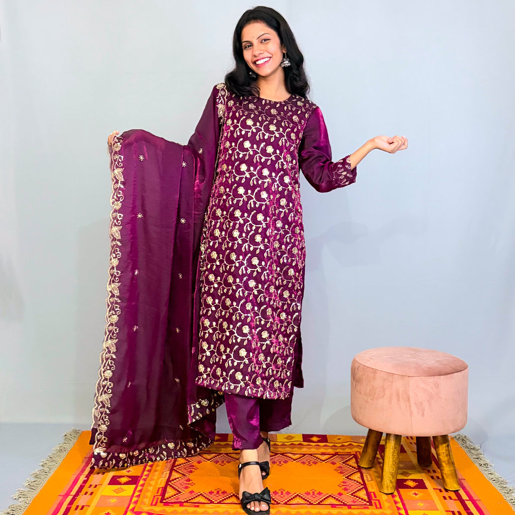 Purple Silk Sequins work kurta, pant & dupatta set