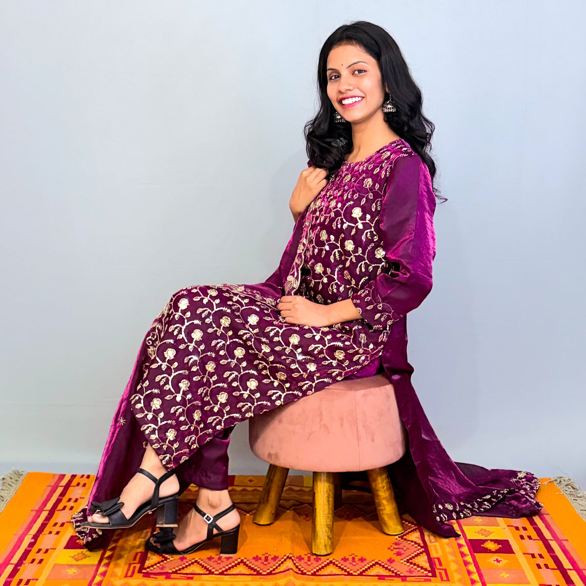 Purple Silk Sequins work kurta, pant & dupatta set