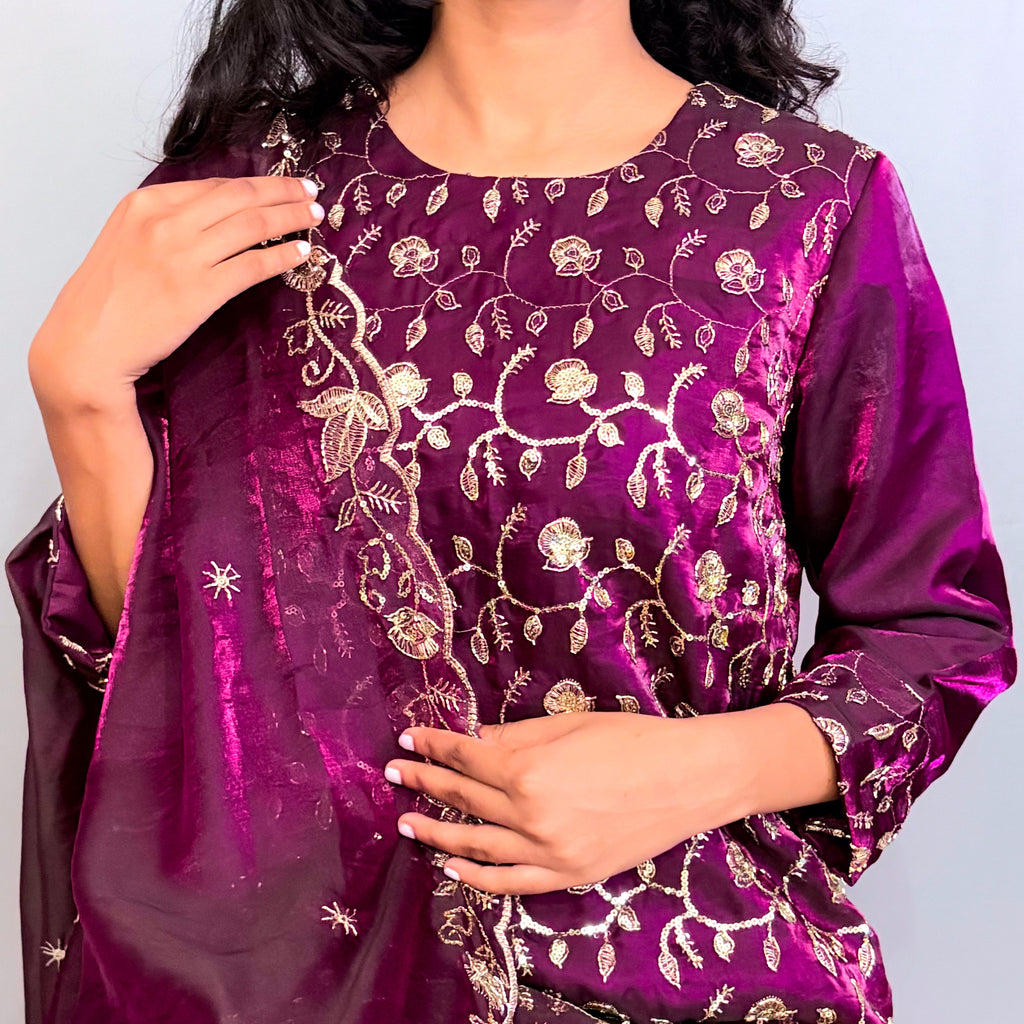 Purple Silk Sequins work kurta, pant & dupatta set