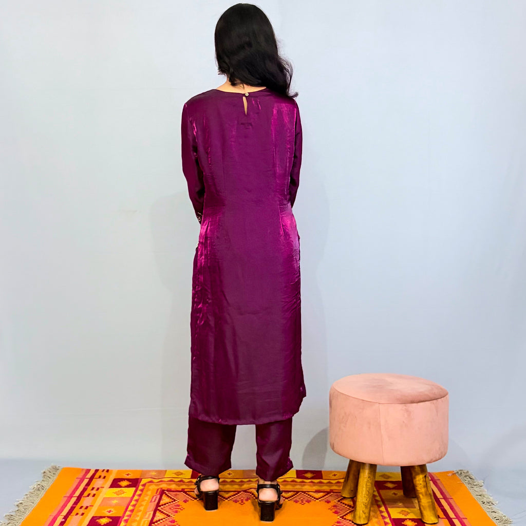 Purple Silk Sequins work kurta, pant & dupatta set